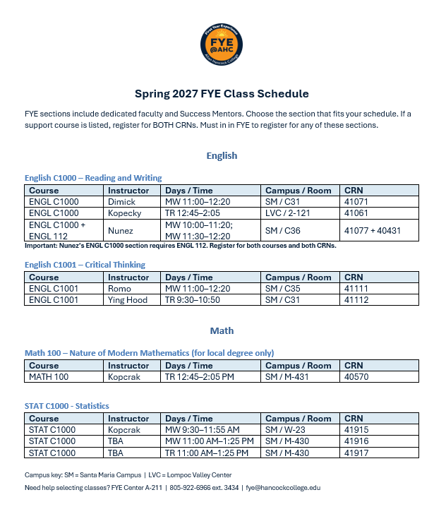 FYE Spring Classes