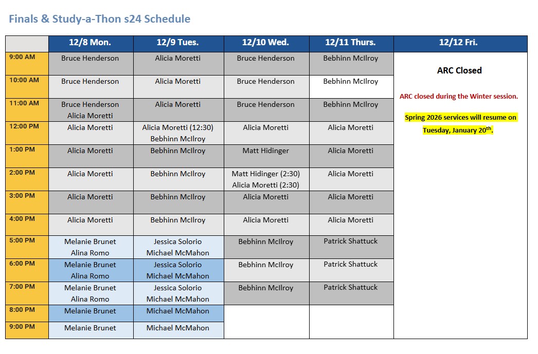 Week 17 Finals Week Schedule for Writing Center