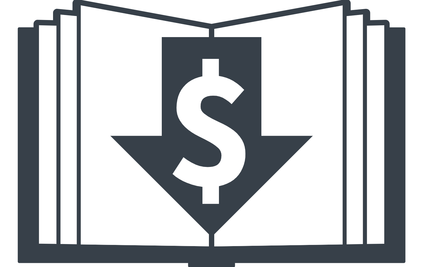 Arrow pointing downward in front of an open book with a dollar sign in the middle