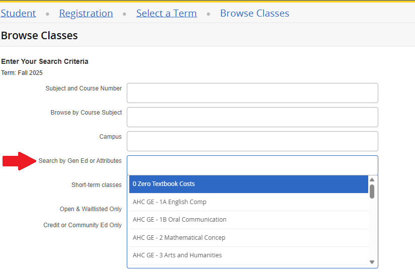 Search filter for ZTC courses