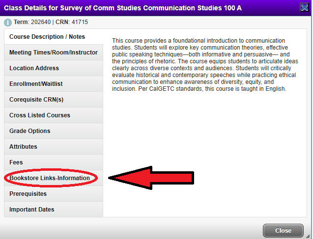 Drop down menu with an arrow pointing to the Bookstore link